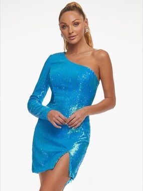 Ashley Lauren Blue Sequin One Shoulder Mini Dress Iridescent Size 2